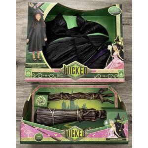 Wicked Elphaba Black Dress, Hat & Cape + Broom Costume/Dress Up Set Size 4-6x
